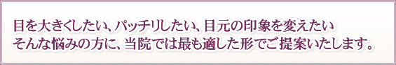目を大きくしたい、パッチリしたい、目元の印象を変えたい そんな悩みの方に、当院では最も適した形でご提案いたします。